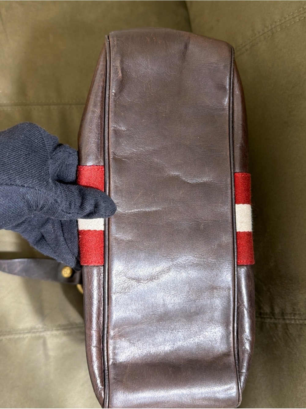 Vintage BALLY Trainspotting Tote Handbag Brown Calfskin Leather Red White stripe - Picture 8 of 10
